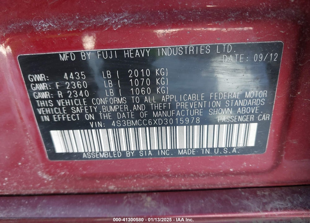 2013 SUBARU LEGACY VIN: 4S3BMCC6XD3015978