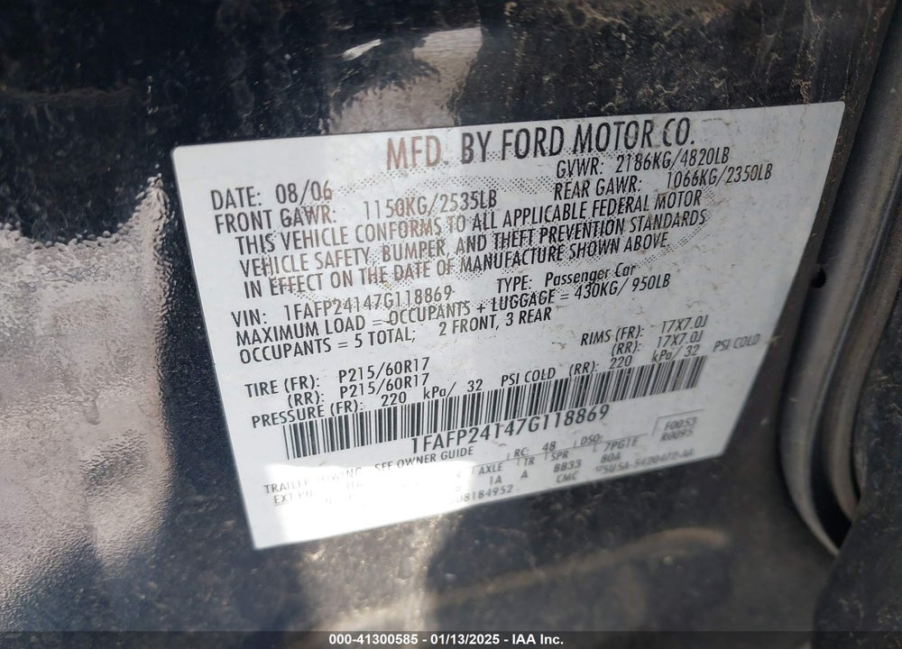 2007 FORD FIVE HUNDRED SEL VIN: 1FAFP24147G118869