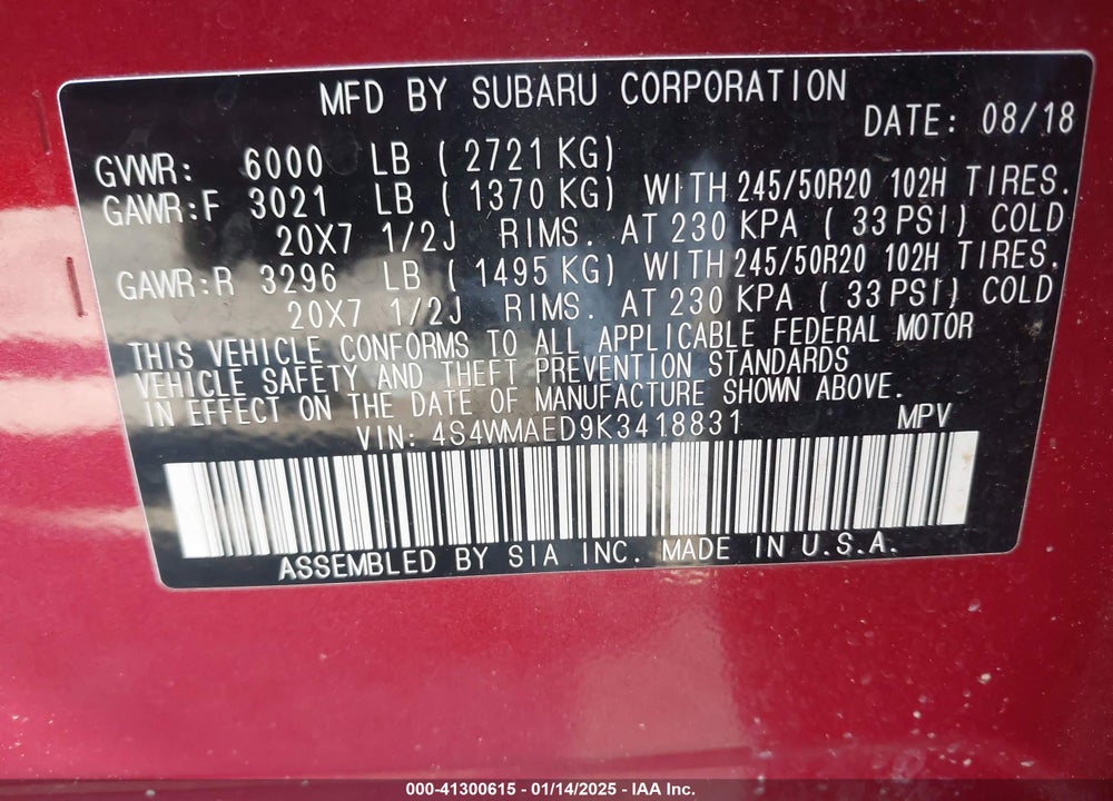 2019 SUBARU ASCENT PREMIUM VIN: 4S4WMAED9K3418831