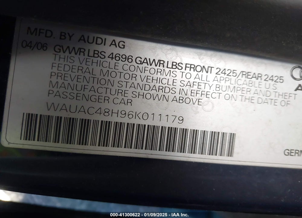 2006 AUDI A4 VIN: WAUAC48H96K011179