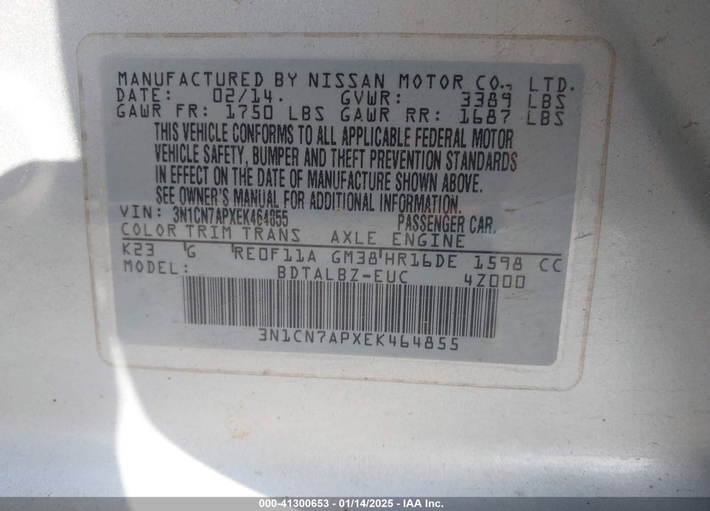 2014 NISSAN VERSA 1.6 S/1.6 S+/1.6 SL/1.6 SV VIN: 3N1CN7APXEK464855