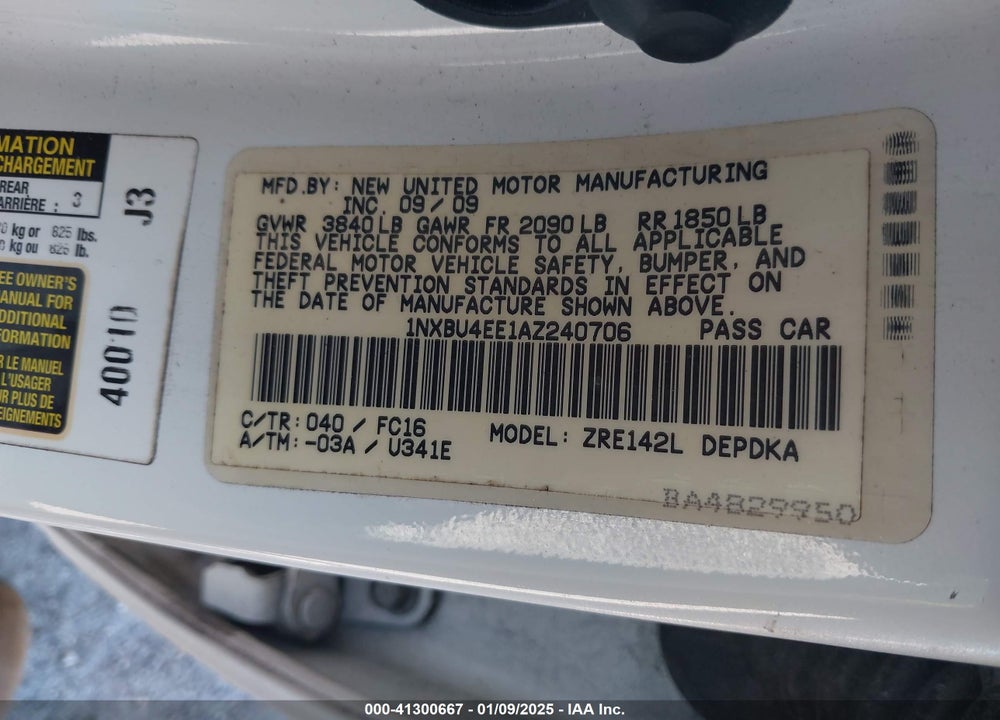 2010 TOYOTA COROLLA VIN: 1NXBU4EE1AZ240706