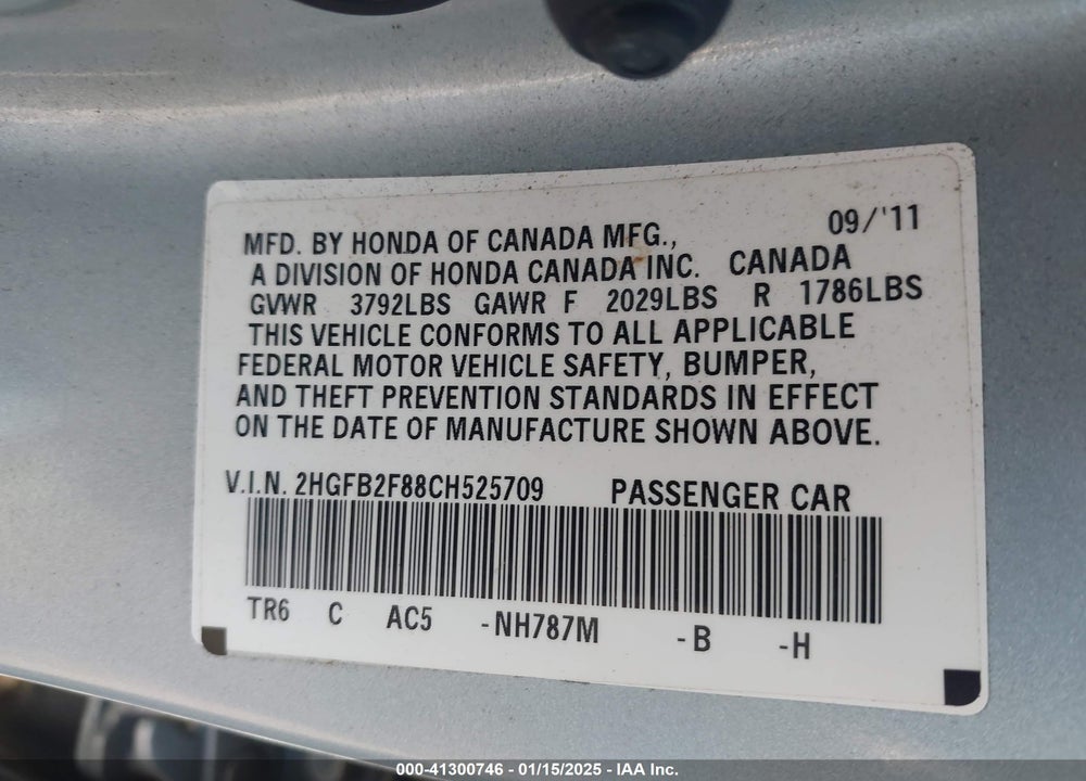 2012 HONDA CIVIC VIN: 2HGFB2F88CH525709