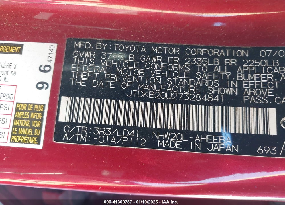 2007 TOYOTA PRIUS VIN: JTDKB20U273284841