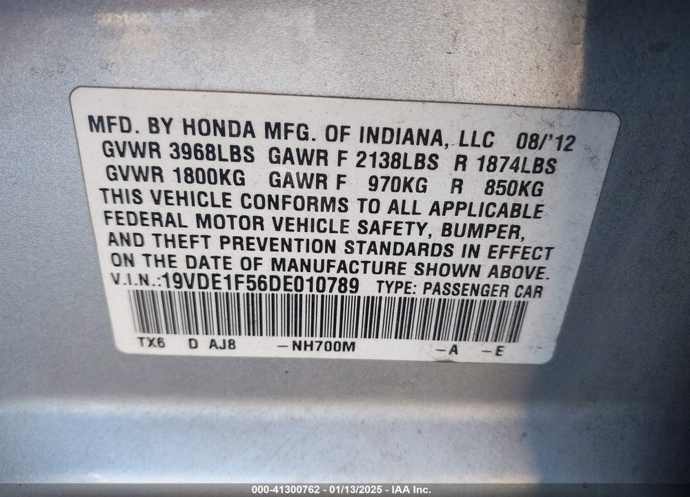 2013 ACURA ILX 2.0L VIN: 19VDE1F56DE010789