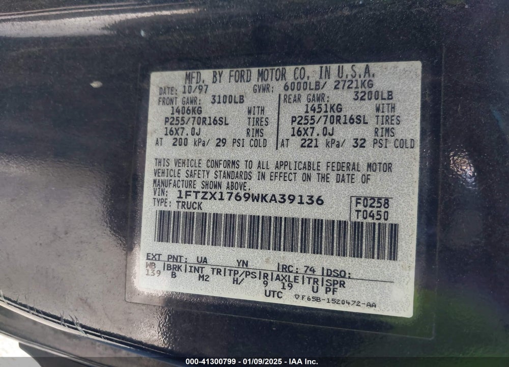 1998 FORD F-150 LARIAT/STANDARD/XL/XLT VIN: 1FTZX1769WKA39136