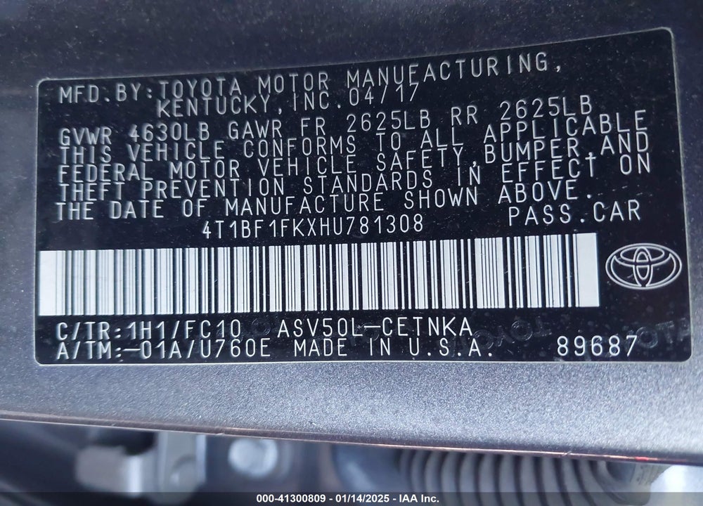 2017 TOYOTA CAMRY LE VIN: 4T1BF1FKXHU781308