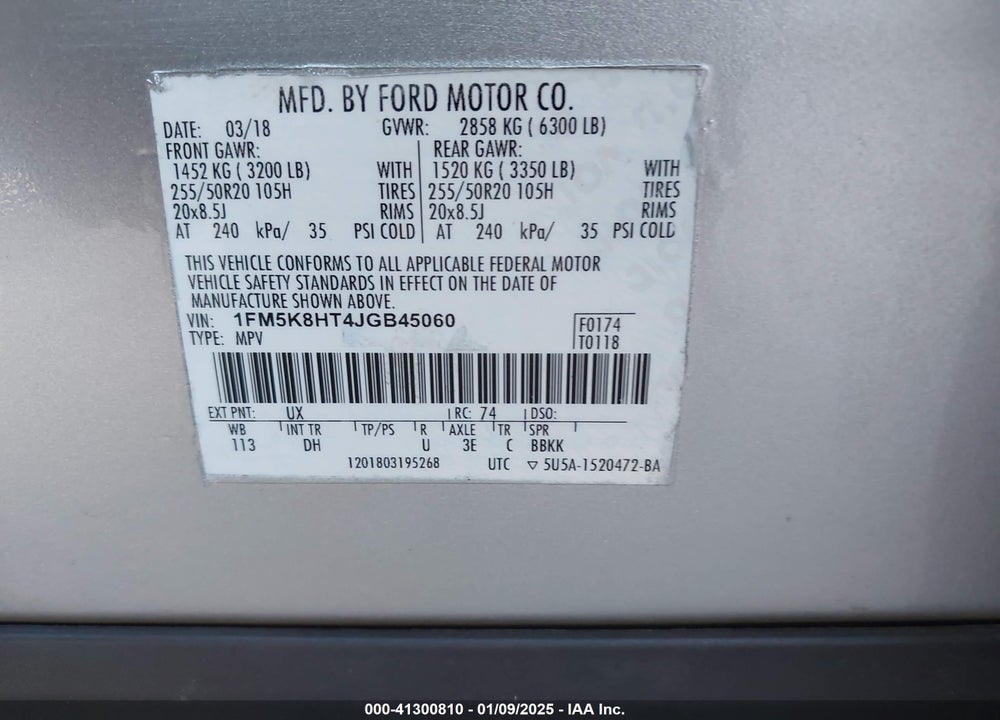 2018 FORD EXPLORER PLATINUM VIN: 1FM5K8HT4JGB45060