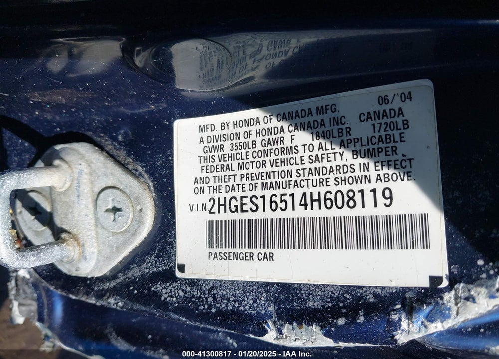 2004 HONDA CIVIC LX VIN: 2HGES16514H608119
