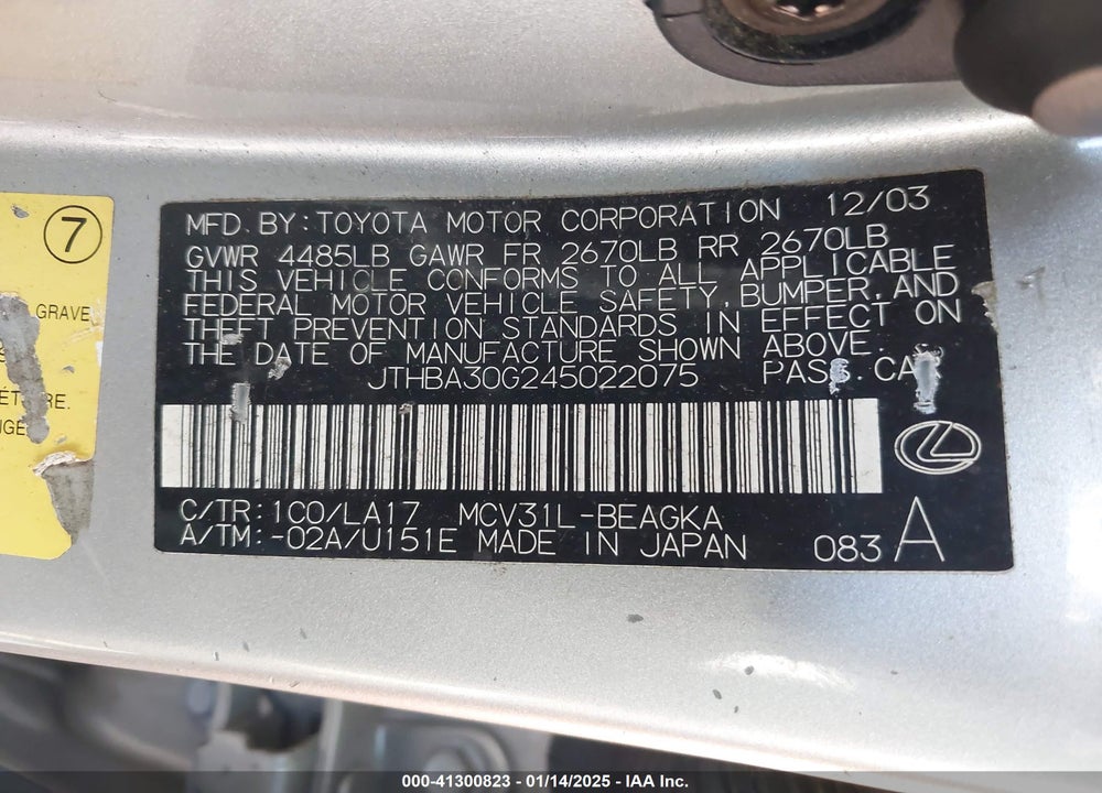 2004 LEXUS ES 330 VIN: JTHBA30G245022075
