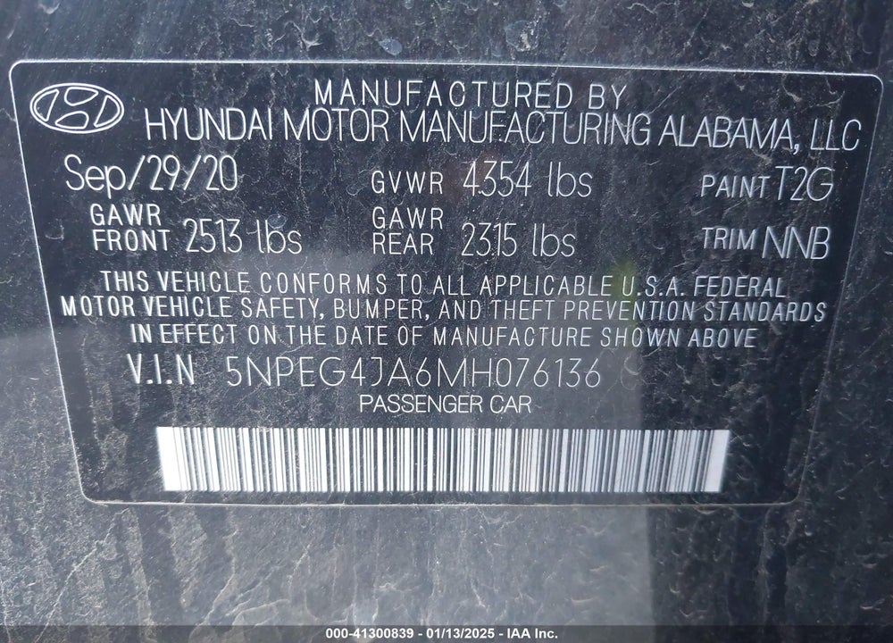 2021 HYUNDAI SONATA SE VIN: 5NPEG4JA6MH076136