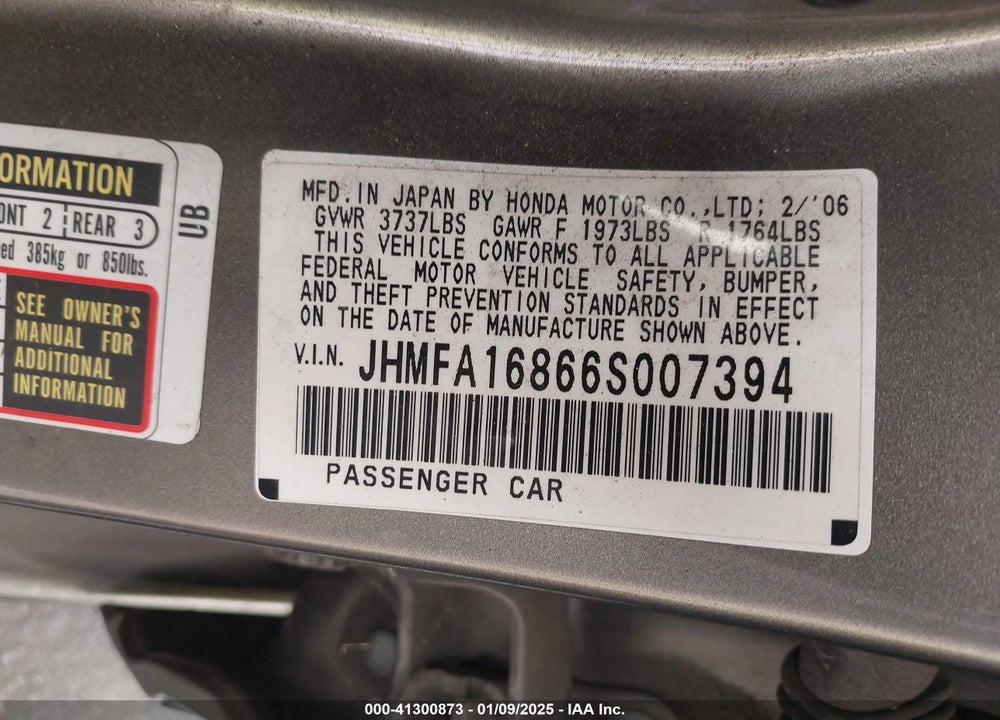 2006 HONDA CIVIC EX VIN: JHMFA16866S007394