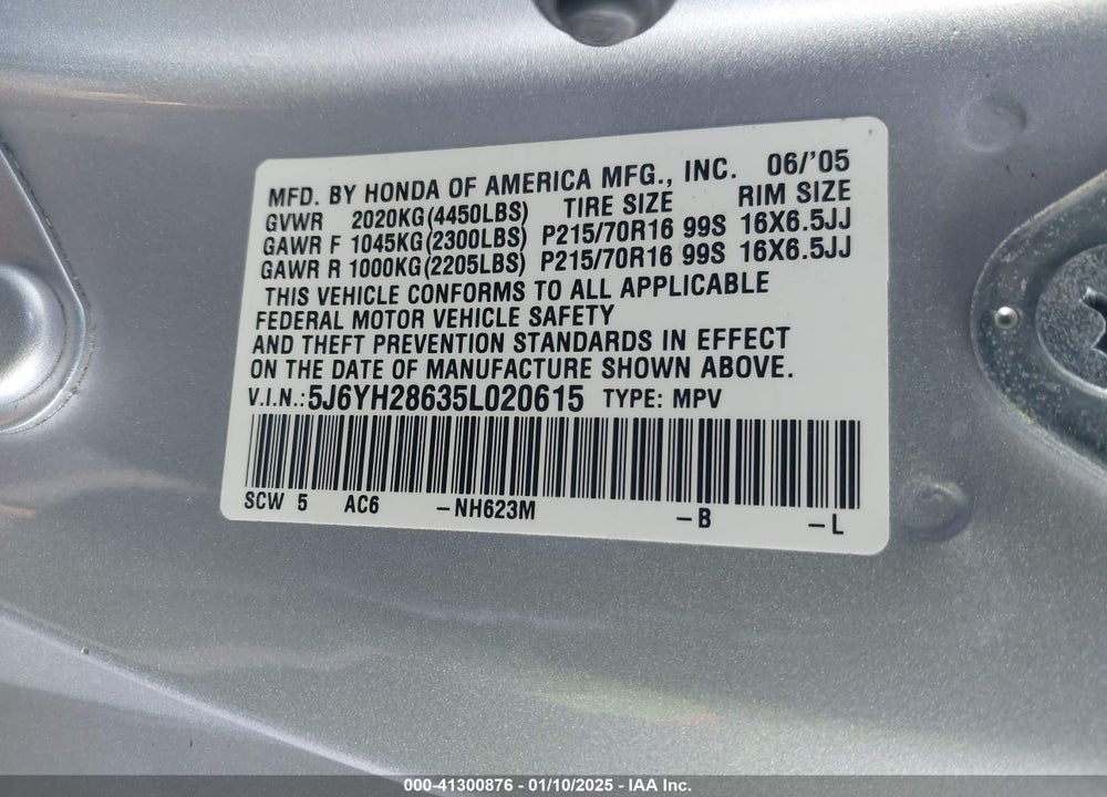2005 HONDA ELEMENT EX VIN: 5J6YH28635L020615