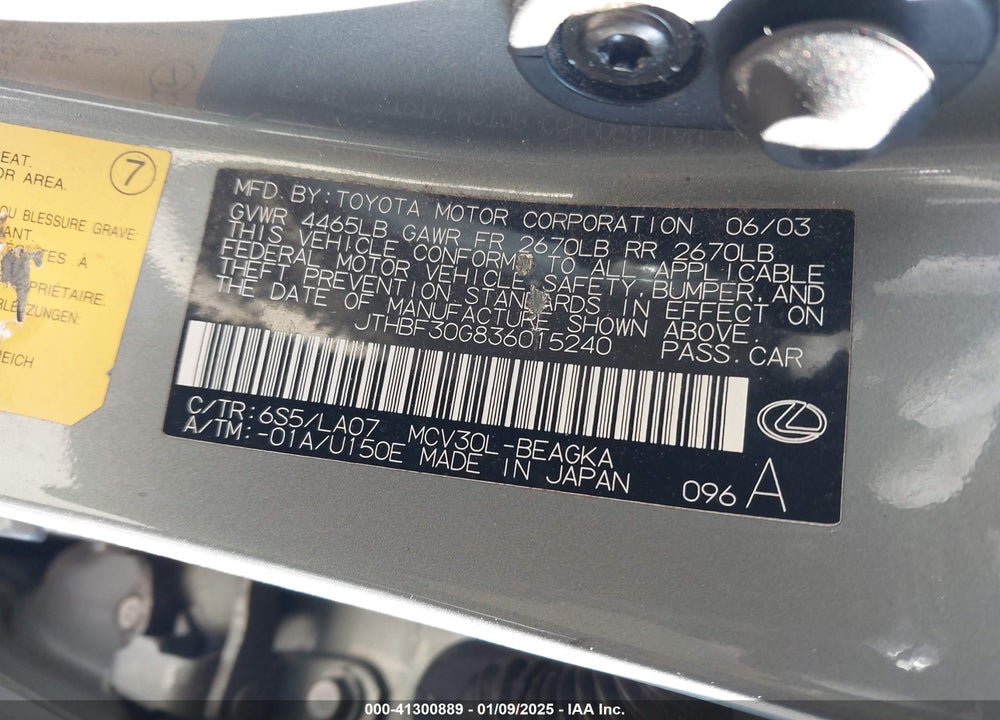 2003 LEXUS ES 300 VIN: JTHBF30G836015240