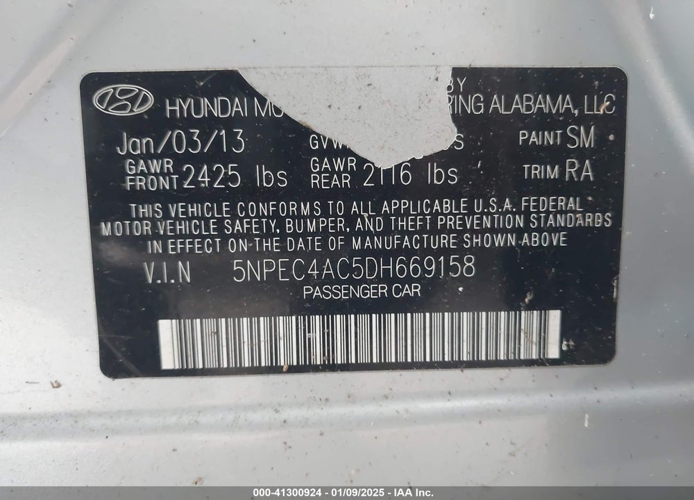 2013 HYUNDAI SONATA SE VIN: 5NPEC4AC5DH669158
