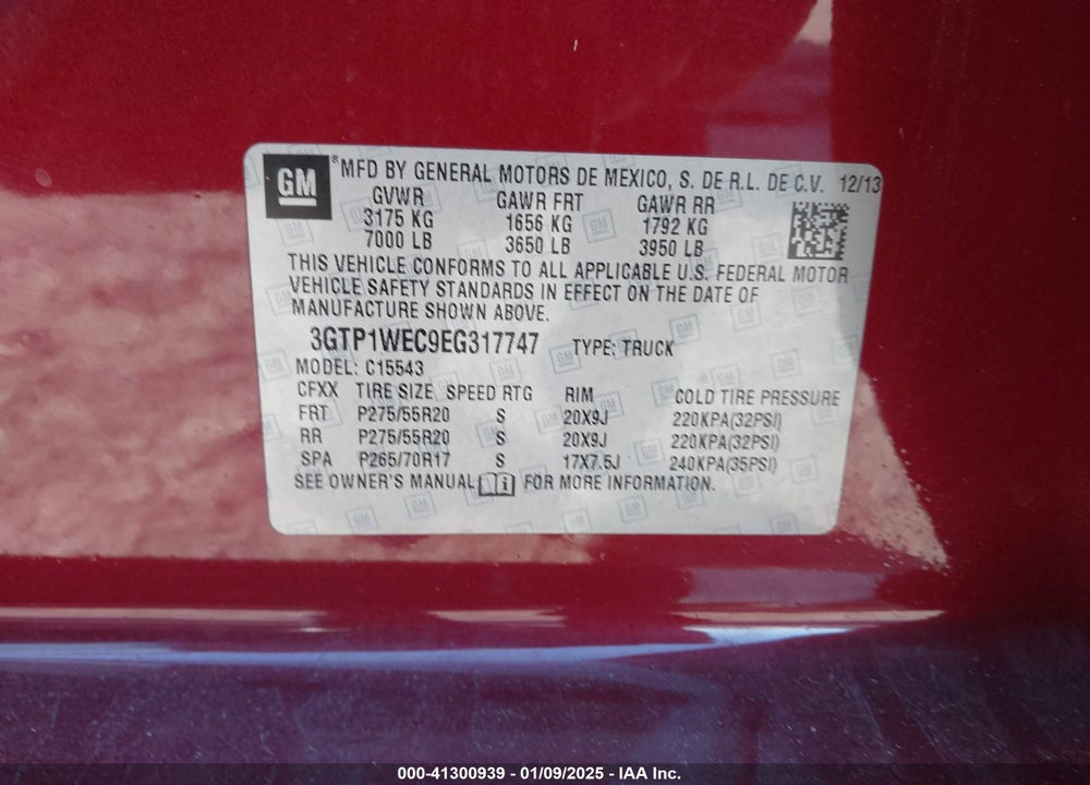 2014 GMC SIERRA 1500 VIN: 3GTP1WEC9EG317747
