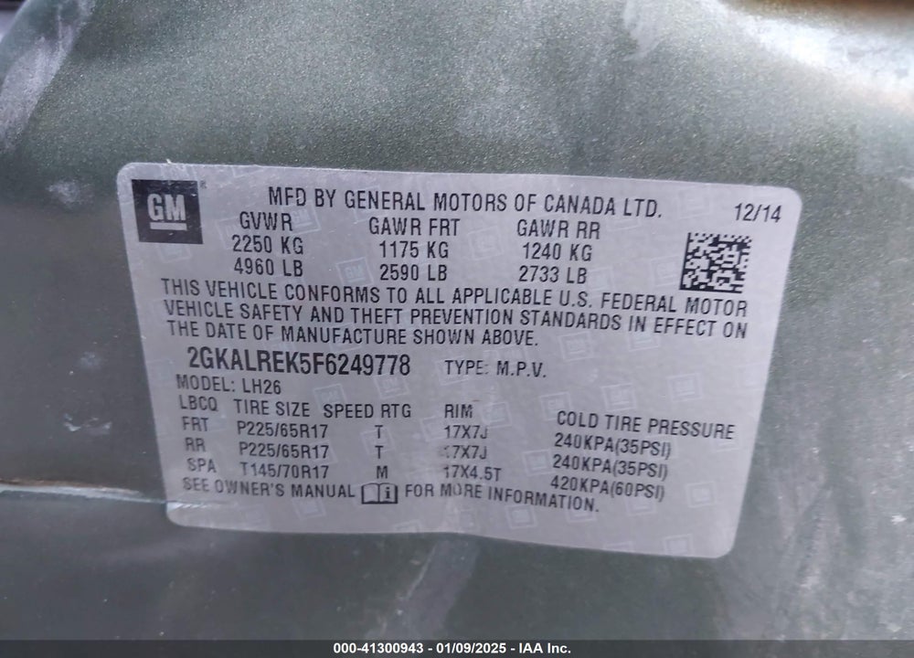 2015 GMC TERRAIN SLE-2 VIN: 2GKALREK5F6249778