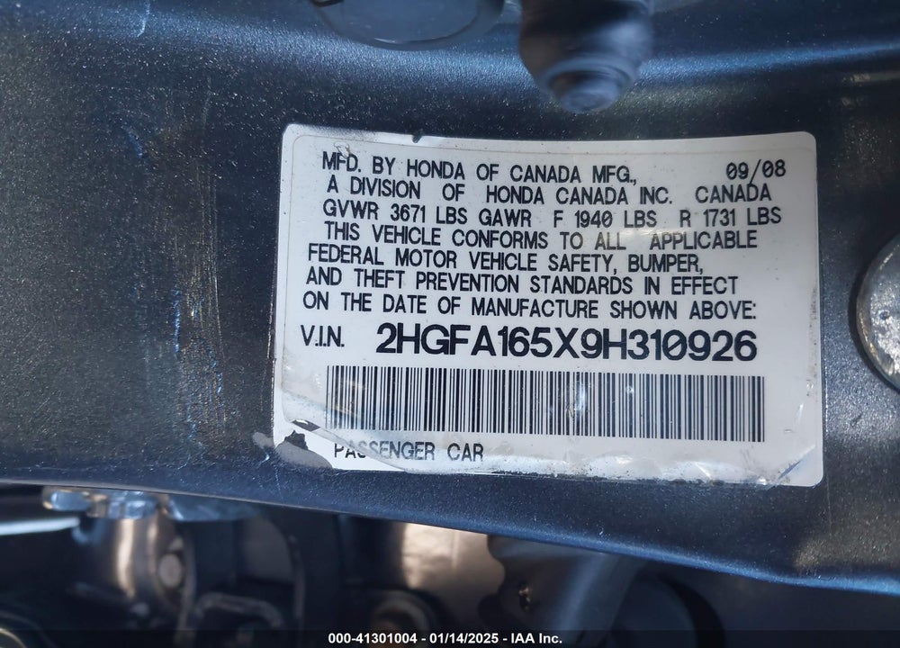 2009 HONDA CIVIC LX VIN: 2HGFA165X9H310926