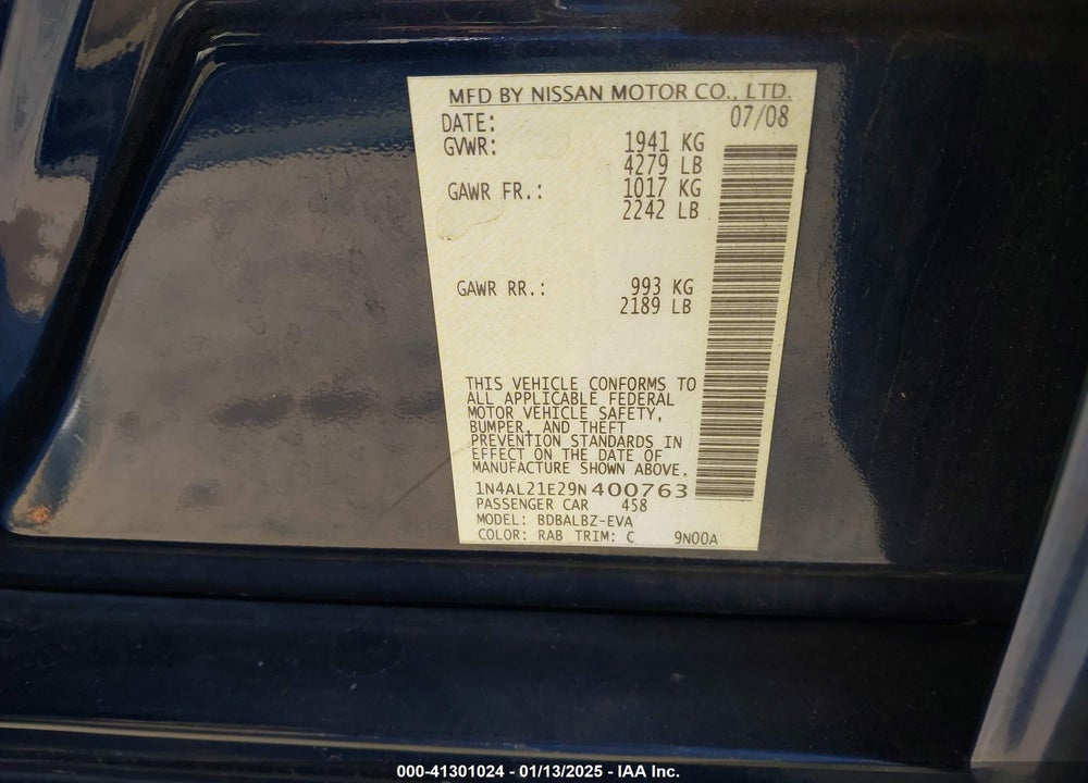 2009 NISSAN ALTIMA VIN: 1N4AL21E29N400763