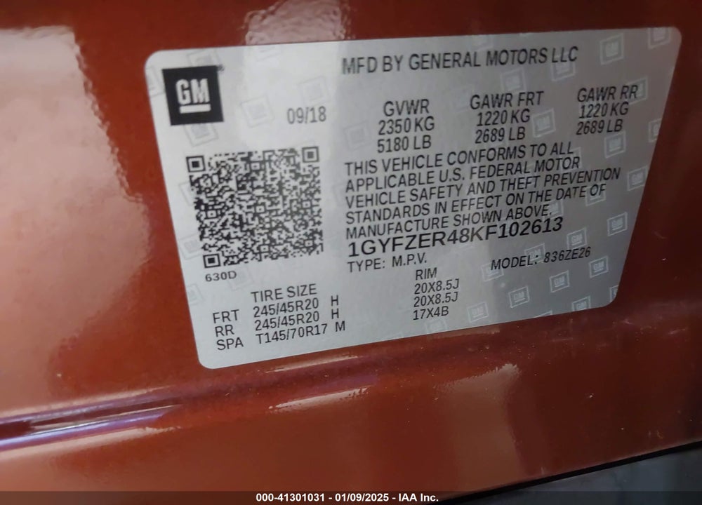 2019 CADILLAC XT4 SPORT VIN: 1GYFZER48KF102613