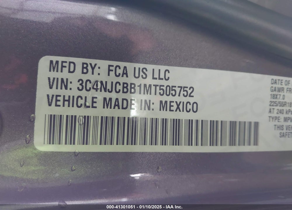 2021 JEEP COMPASS VIN: 3C4NJCBB1MT505752