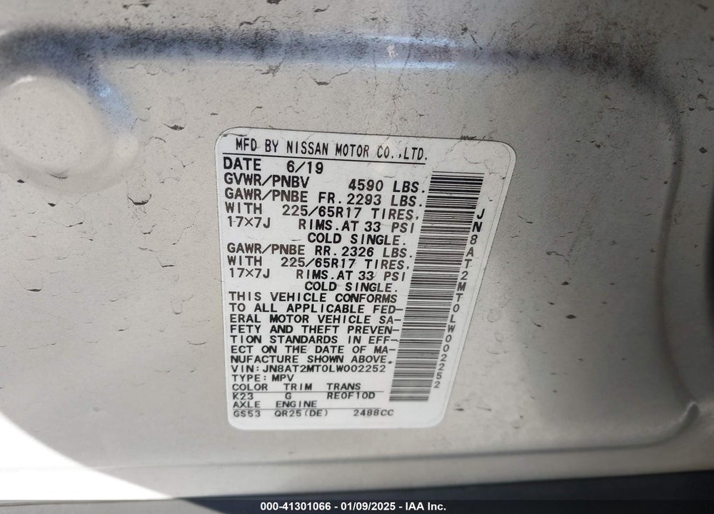 2020 NISSAN ROGUE S FWD VIN: JN8AT2MT0LW002252