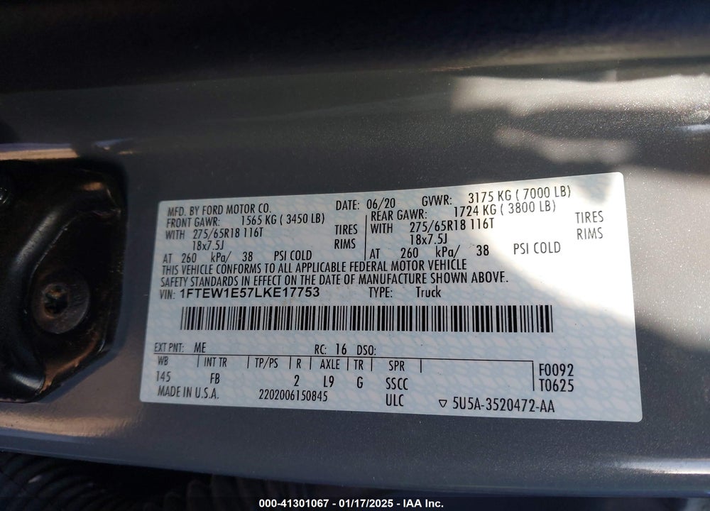 2020 FORD F-150 XLT VIN: 1FTEW1E57LKE17753