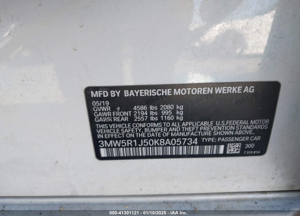 2019 BMW 330I VIN: 3MW5R1J50K8A05734
