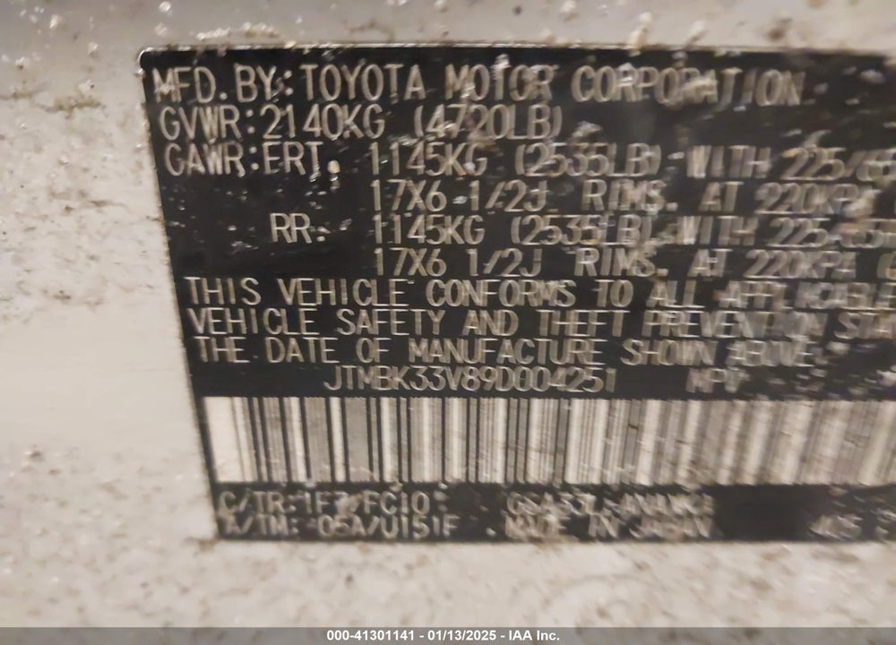 2009 TOYOTA RAV4 BASE V6 VIN: JTMBK33V89D004251
