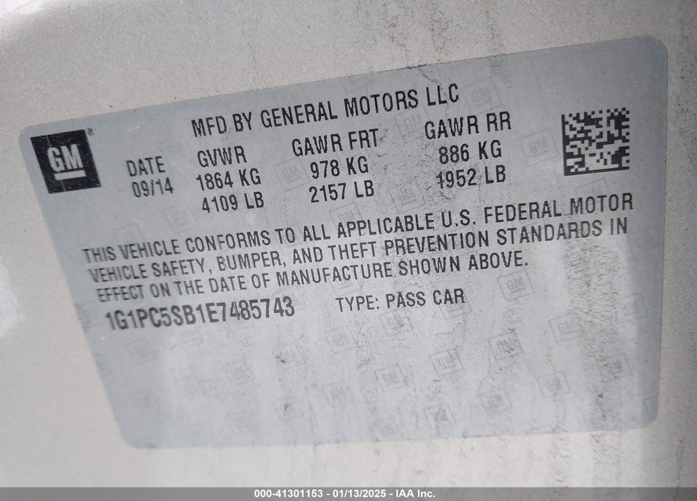 2014 CHEVROLET CRUZE 1LT AUTO VIN: 1G1PC5SB1E7485743