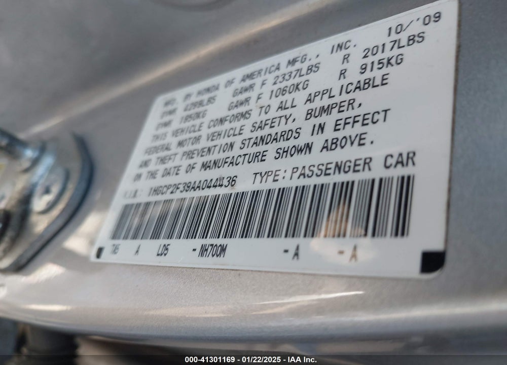 2010 HONDA ACCORD 2.4 LX VIN: 1HGCP2F39AA044436