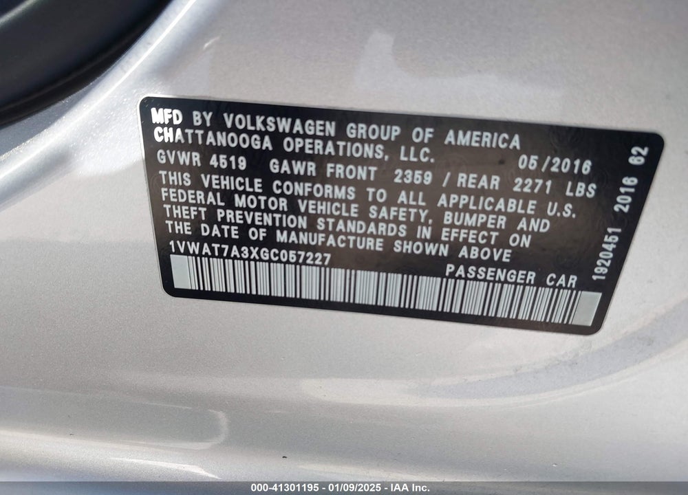 2016 VOLKSWAGEN PASSAT VIN: 1VWAT7A3XGC057227