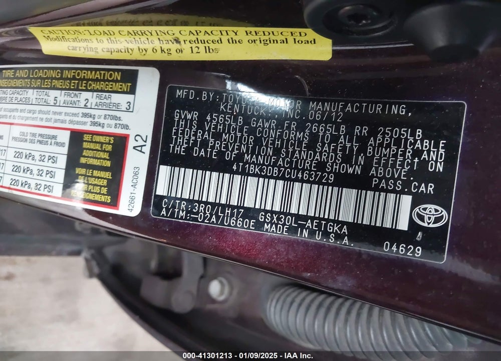 2012 TOYOTA AVALON VIN: 4T1BK3DB7CU463729