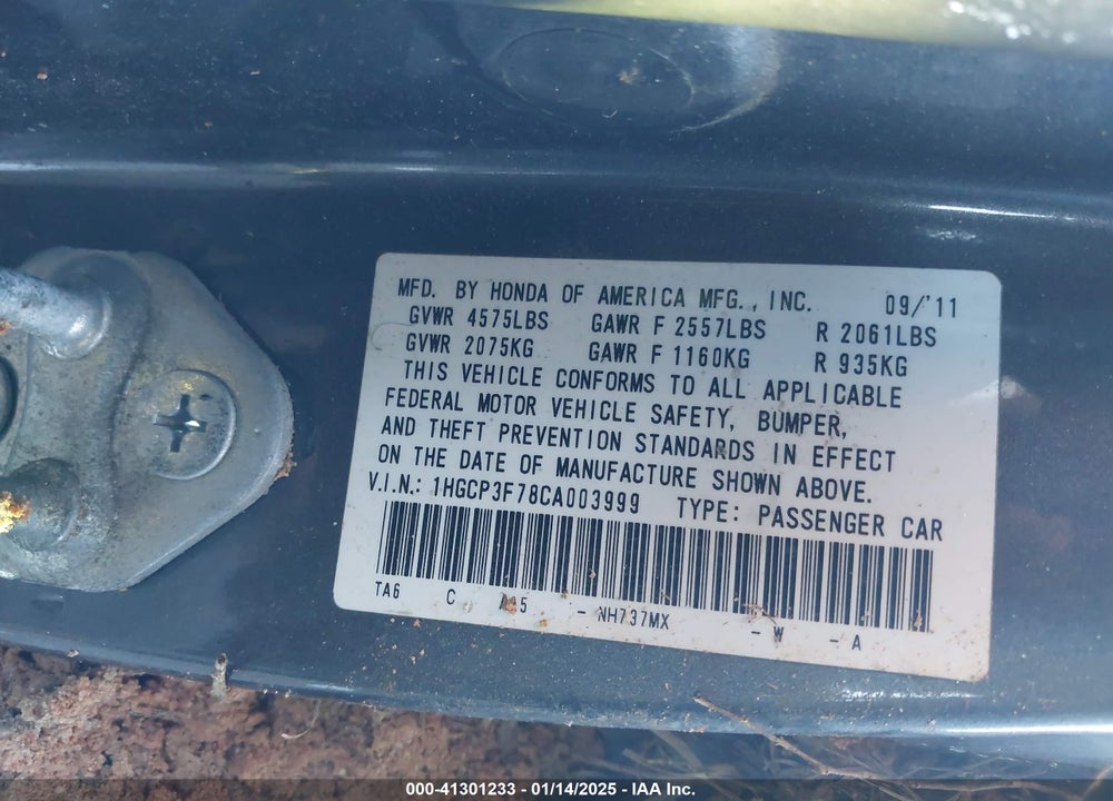 2012 HONDA ACCORD VIN: 1HGCP3F78CA003999