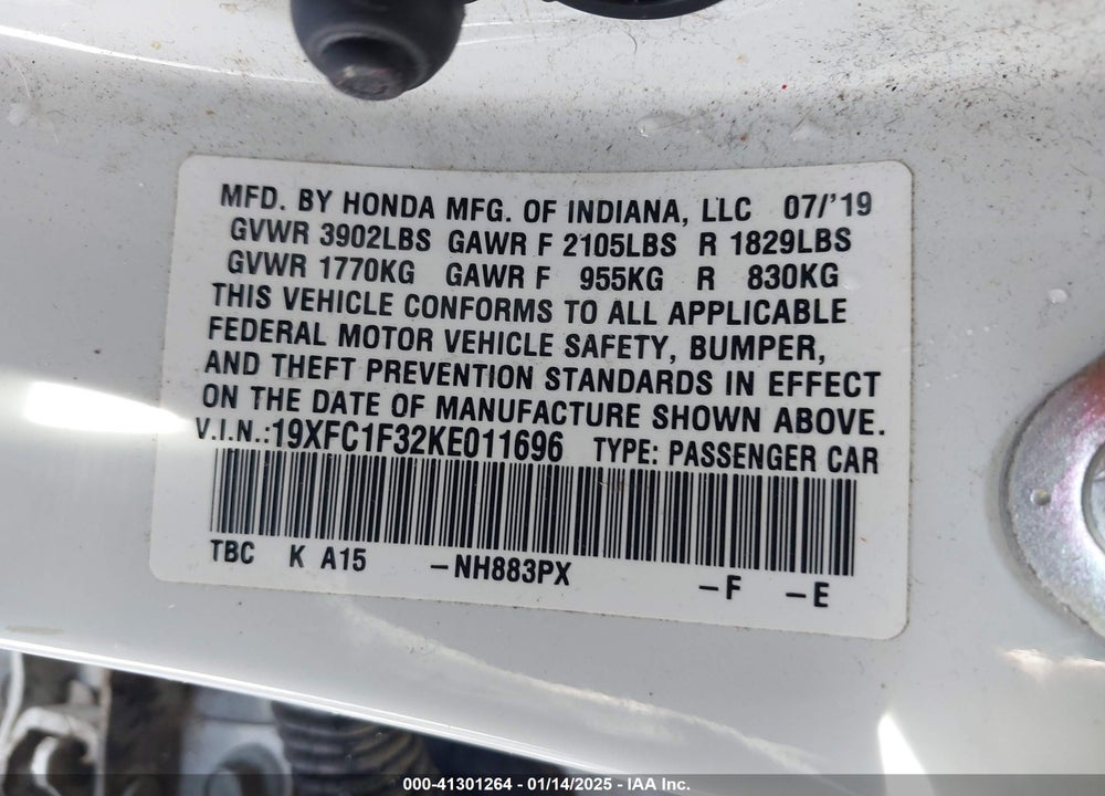 2019 HONDA CIVIC EX VIN: 19XFC1F32KE011696