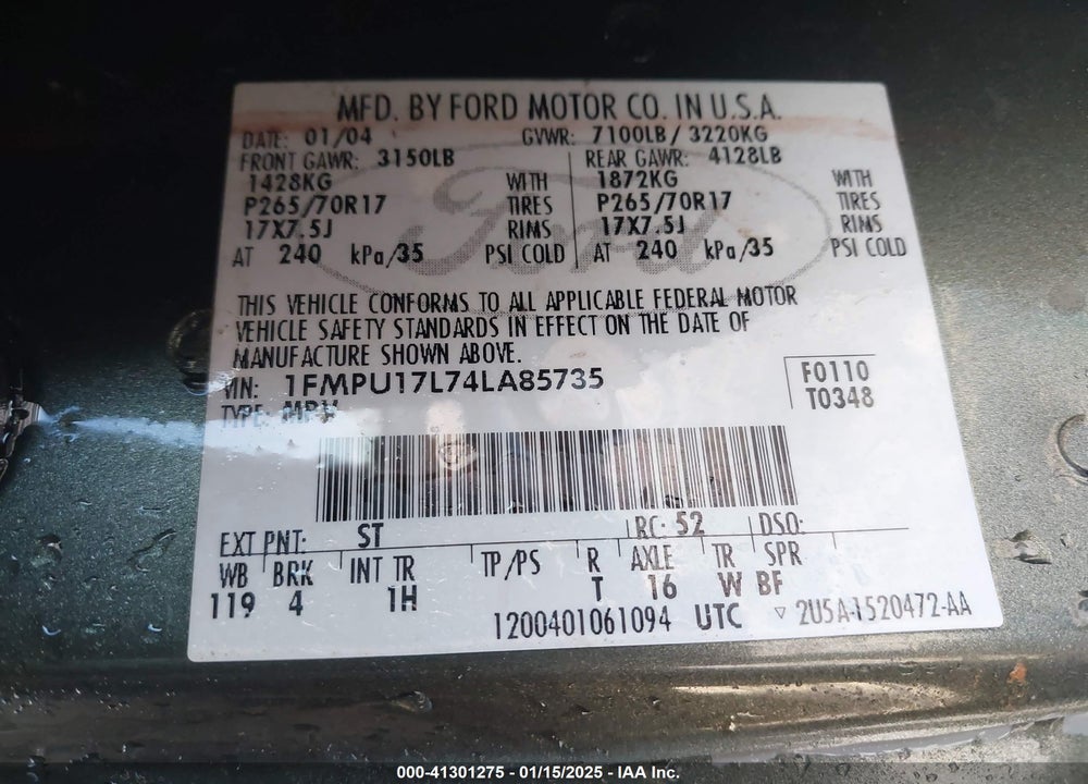 2004 FORD EXPEDITION EDDIE BAUER VIN: 1FMPU17L74LA85735