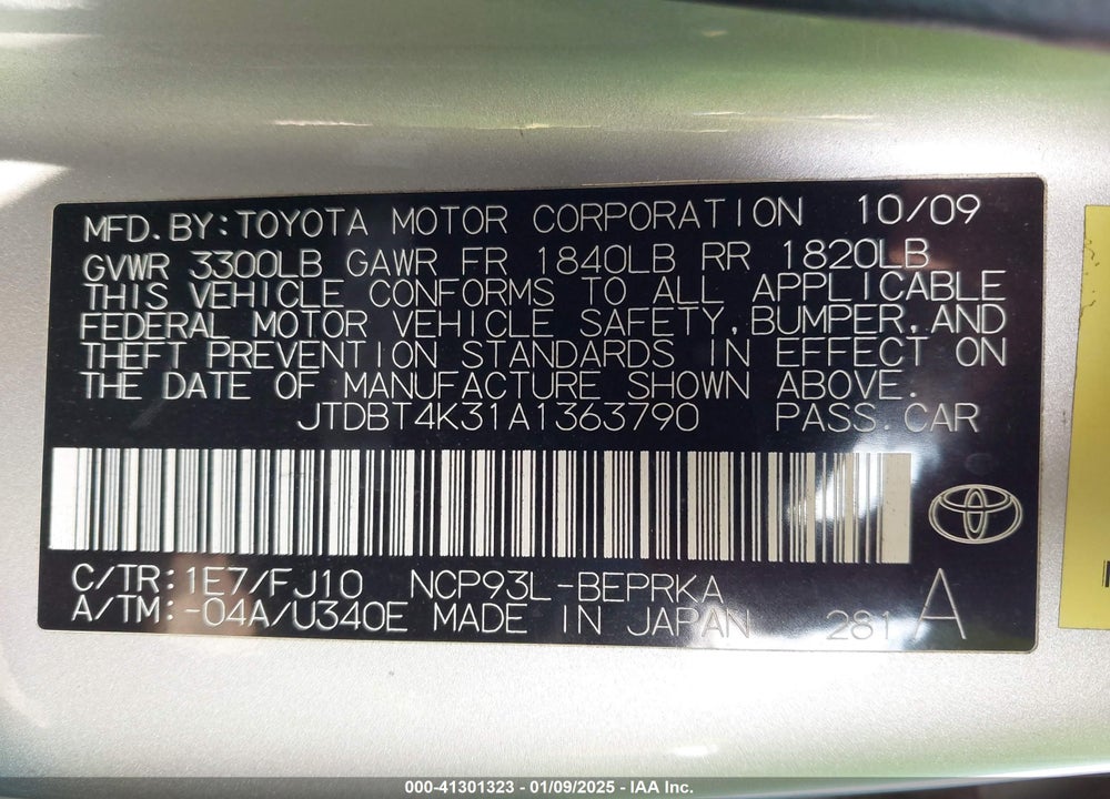 2010 TOYOTA YARIS VIN: JTDBT4K31A1363790