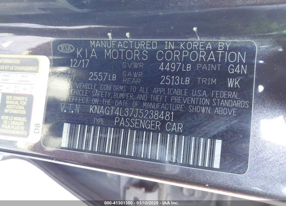 2018 KIA OPTIMA LX VIN: KNAGT4L37J5238481