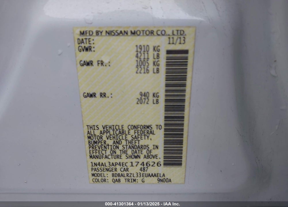 2014 NISSAN ALTIMA VIN: 1N4AL3AP4EC174626