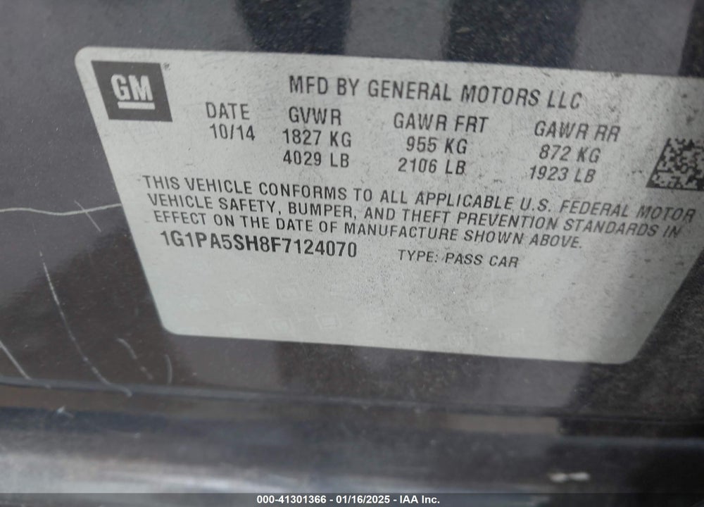 2015 CHEVROLET CRUZE VIN: 1G1PA5SH8F7124070