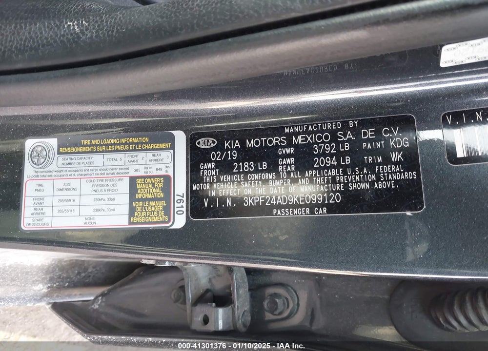 2019 KIA FORTE LXS VIN: 3KPF24AD9KE099120