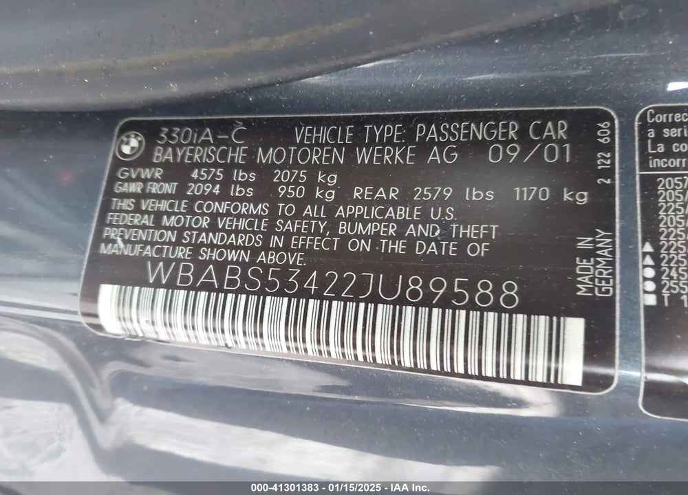 2002 BMW 330CI VIN: WBABS53422JU89588