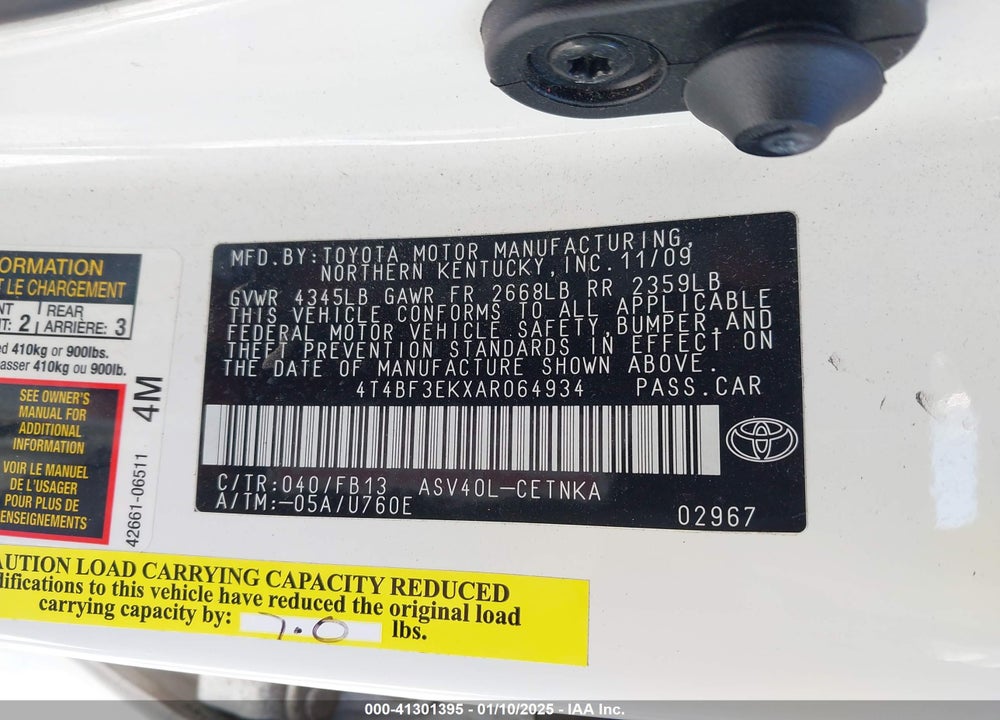 2010 TOYOTA CAMRY VIN: 4T4BF3EKXAR064934