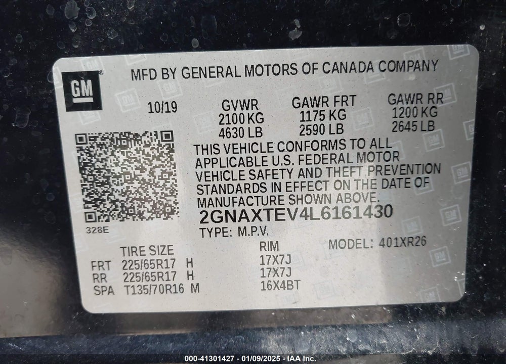 2020 CHEVROLET EQUINOX AWD 2FL VIN: 2GNAXTEV4L6161430