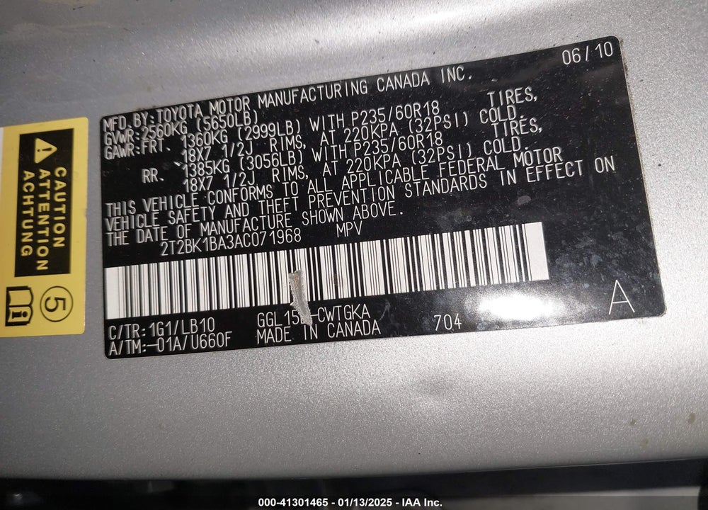 2010 LEXUS RX 350 BASE (A6) VIN: 2T2BK1BA3AC071968