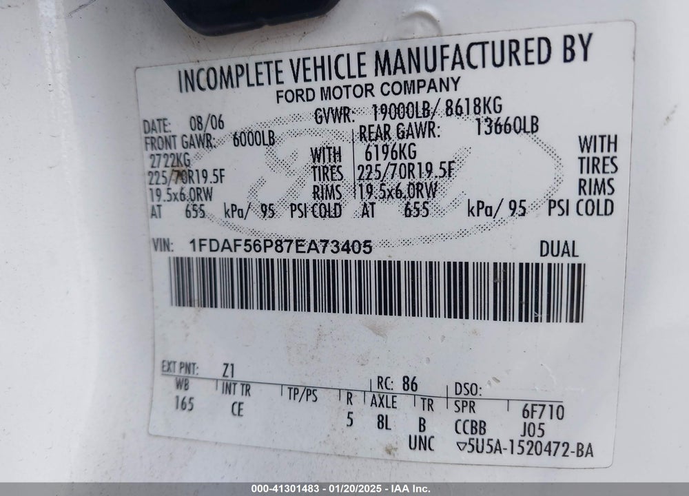 2007 FORD F-550 CHASSIS XL/XLT VIN: 1FDAF56P87EA73405