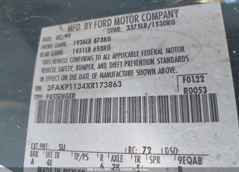 1999 FORD ESCORT ZX2 COOL/ZX2 HOT VIN: 3FAKP1134XR173863