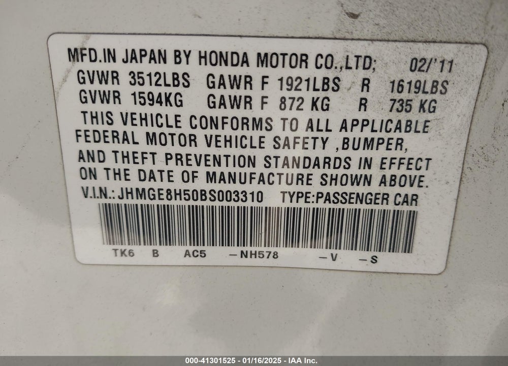 2011 HONDA FIT SPORT VIN: JHMGE8H50BS003310