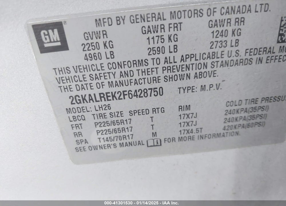 2015 GMC TERRAIN SLE-2 VIN: 2GKALREK2F6428750