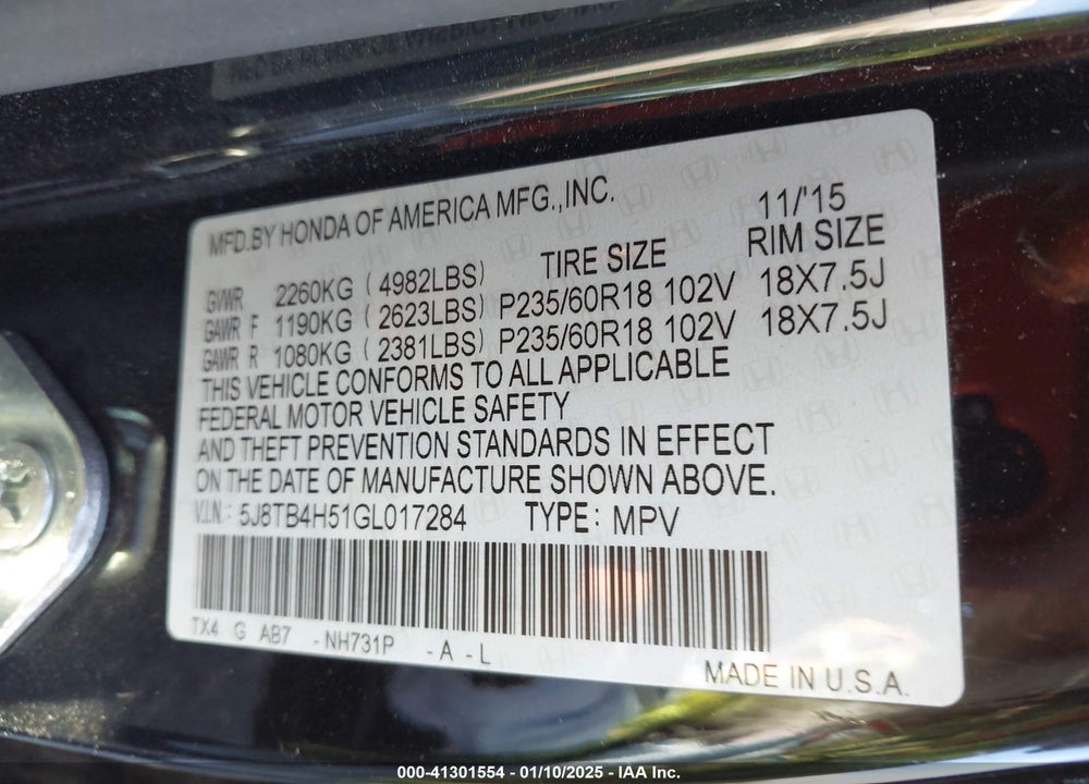 2016 ACURA RDX TECHNOLOGY   WATCH PLUS PACKAGES/TECHNOLOGY PACKAGE VIN: 5J8TB4H51GL017284